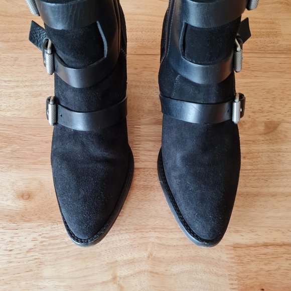 Allsaints Lulu Triple Buckle Black Moto Pointed Toe Heeled Ankle Booties Boots - Picture 3 of 7